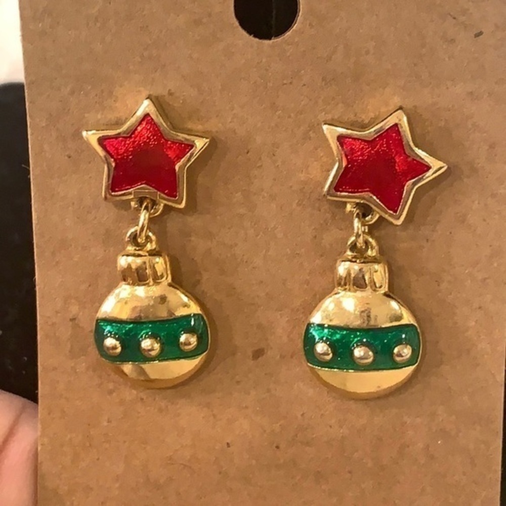 💐Christmas ornament red star gold tone dangle drop holiday earrings